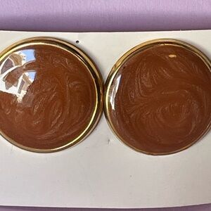 Round Brown Gold-Trim Clip Earrings